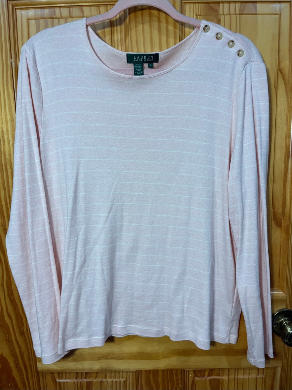 Lauren Ralph Lauren Pale Pink Striped Long Sleeve Top with Shoulder Buttons